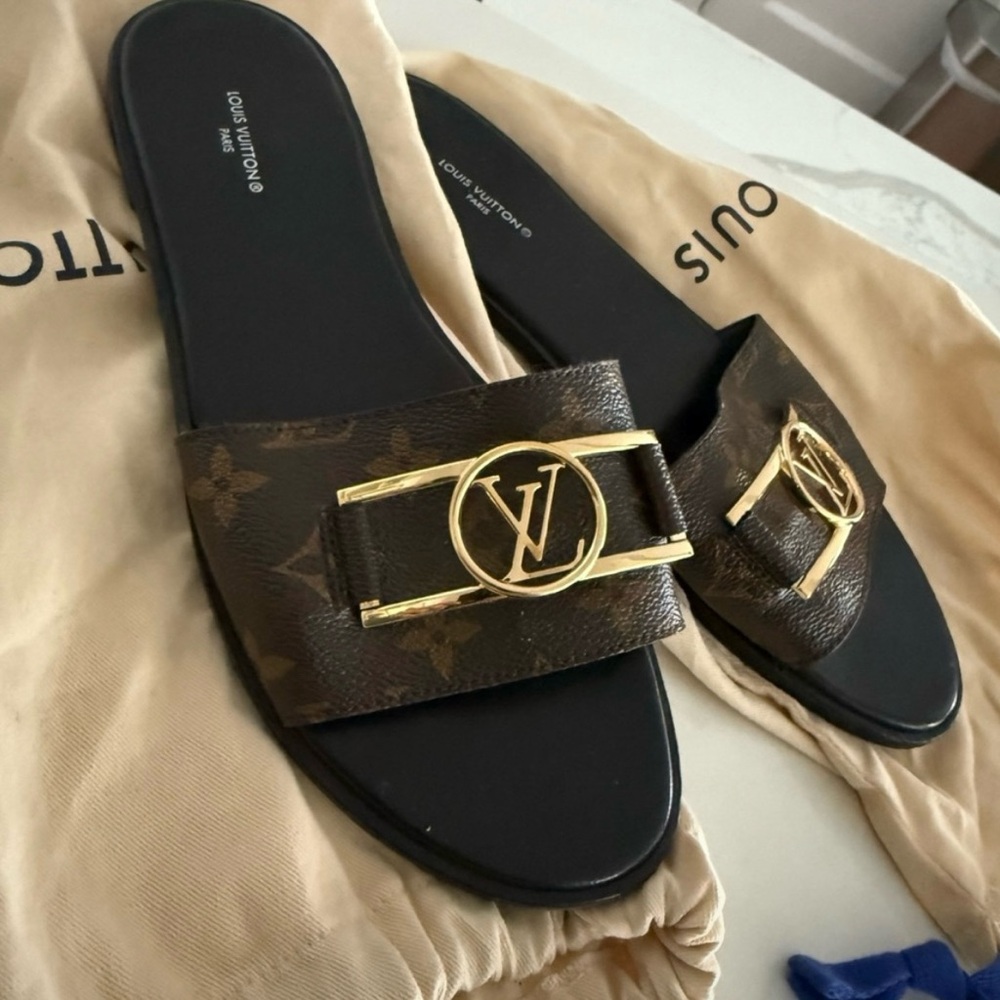 Louis Vuitton Monogram Slide Mules with Gold LV Accent